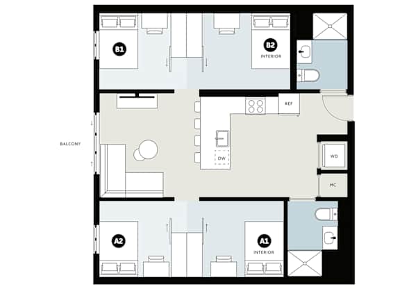 A floor plan of an apartment with two bedrooms, a living room, a kitchen, and a bathroom.