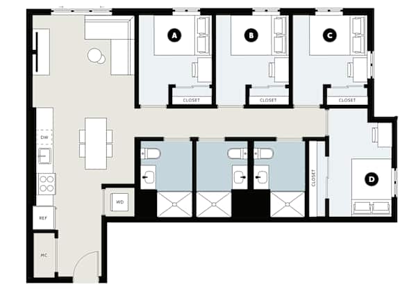 A floor plan of a house with four bedrooms and a garage.