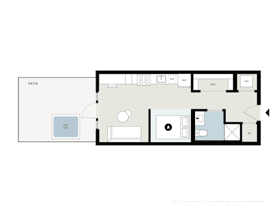 A floor plan of a house with a kitchen, living room, and bathrooms.