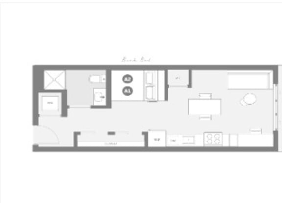 A floor plan of a kitchen with a dining area and a balcony.