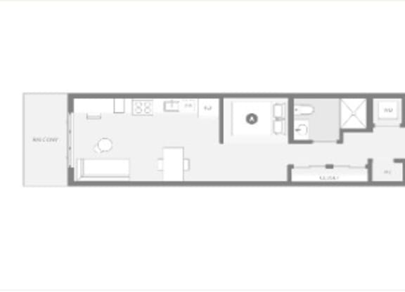 A floor plan of a house with a kitchen, living room, and two bedrooms.