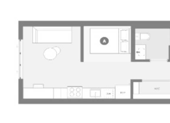 A floor plan of a house with a kitchen, living room, and two bedrooms.