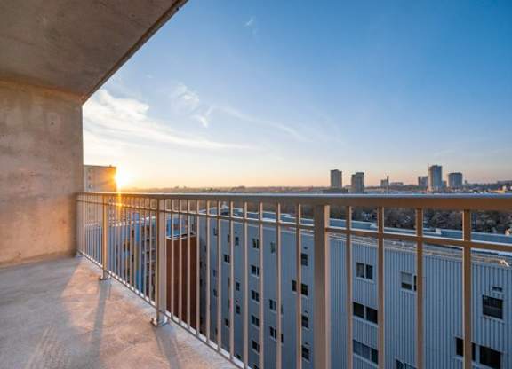 Balcony with Metal Railing at Ophelia on Queen Apartments, Kitchener, Ontario