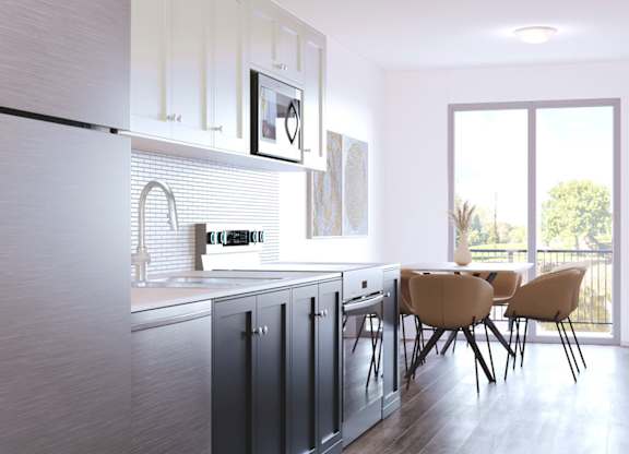 Kitchen with a Dining table at The Maverick Apartments, Kitchener, Ontario