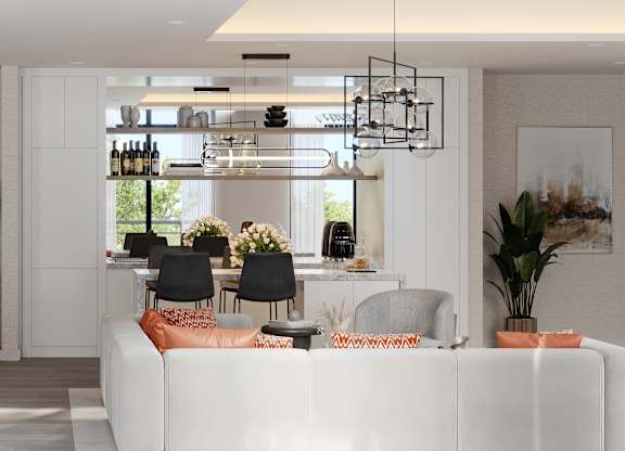 A modern living room with a black and white color scheme.