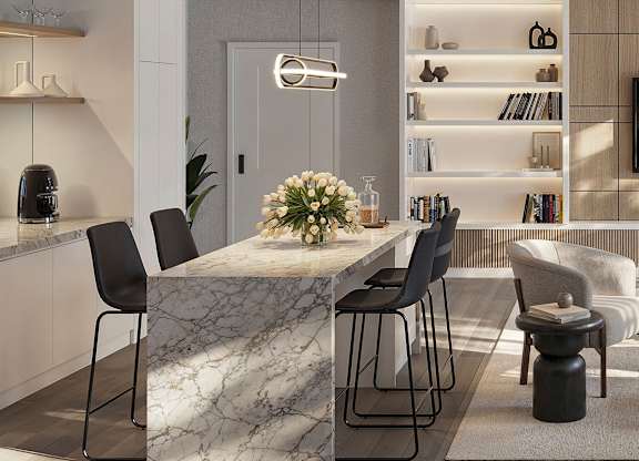 A modern dining room with a marble table and black chairs at Roxy Apartments, Ontario