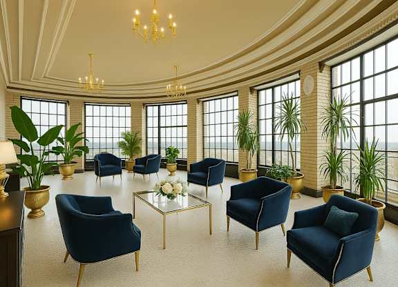 A large room with blue chairs and plants at Mohican Apartments, New London