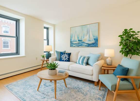 A living room with a white couch, blue pillows, a wooden coffee table, and a painting on the wall at Mohican Apartments, New London, Connecticut