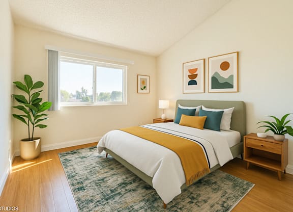 A bedroom with a bed, nightstand, and a plant at Oak Center Apartments, Oakland