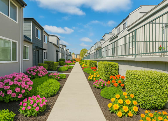 A row of houses with a sidewalk and flower beds in front at Oak Center Apartments, California