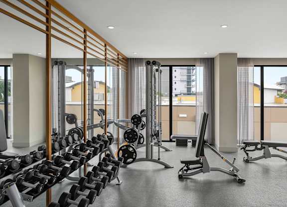 A gym with a row of dumbbells and weight machines. at Palma, Doral, FL, 33166
