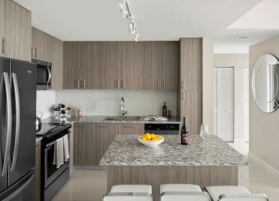 A modern kitchen with a granite countertop and stainless steel appliances. at Palma, Doral, FL, 33166