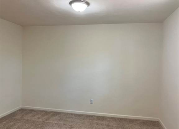 A room with a carpeted floor and a ceiling light.