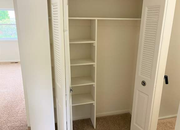 A white closet with shelves and a door.