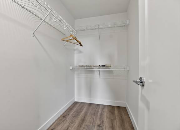 A white closet with a wooden floor and a white door.