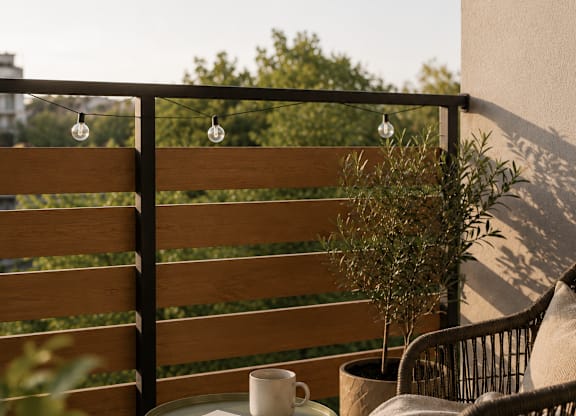 A small table with a book and a cup on it sits on a balcony.