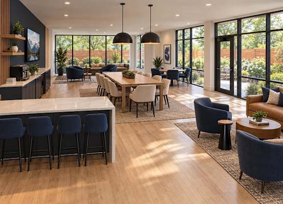A modern open-plan living and dining area with a bar and blue chairs.