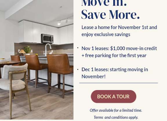 A promotional image for a move-in offer with a kitchen in the background.