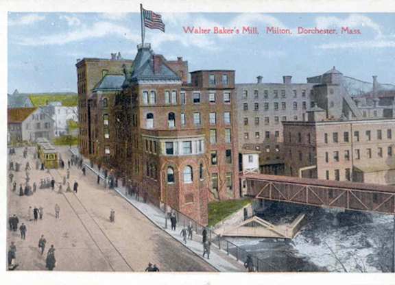 A postcard image of Walter Baker's Mill in Dorchester, Massachusetts.