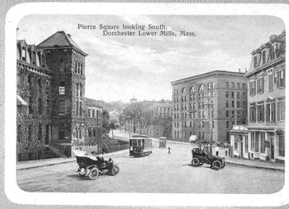 An old photograph of Pierce Square looking south in Dorchester Lower Mills, Massachusetts.