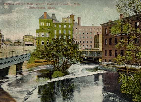 A postcard image of a river with a bridge and buildings on either side.