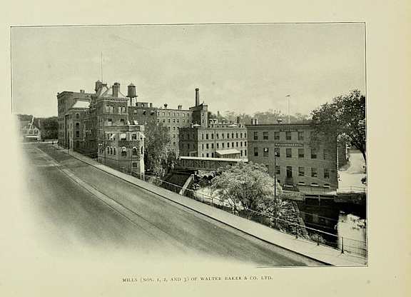 An old photograph shows a street view of Mills, N.S., and Walter Baker & Co. Ltd.
