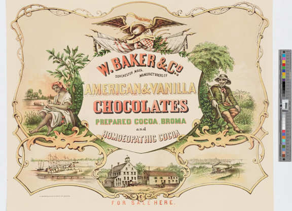 An old advertisement for W. Baker & Co. American and Vanilla Chocolates.