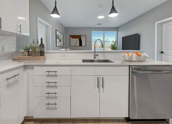 A modern kitchen with white cabinets and a stainless steel dishwasher.