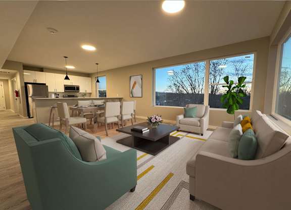 A modern living room with a kitchen in the background.