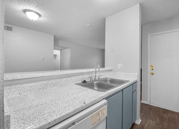 A kitchen with a sink and a counter.