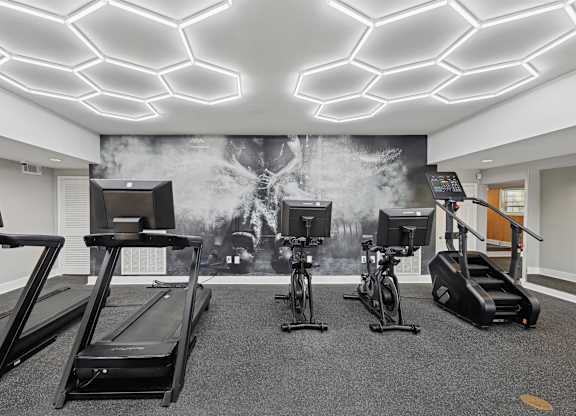 A gym with treadmills, exercise bikes, and a wall mural.