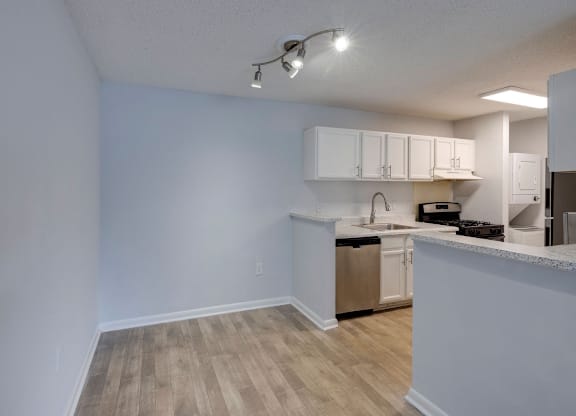 A kitchen area with a sink, stove, and cabinets at Retreat at Savannah Apartments, Georgia, 31404