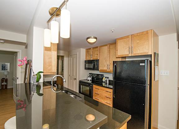 A kitchen with a black refrigerator and wooden cabinets.