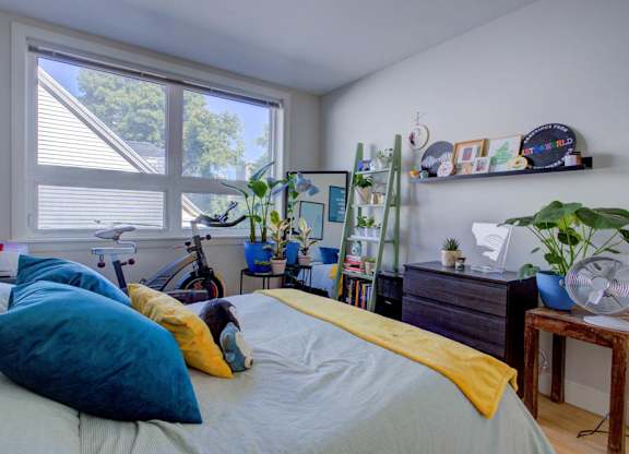 A bedroom with a bed, a bicycle, a fan, and a window with blinds.