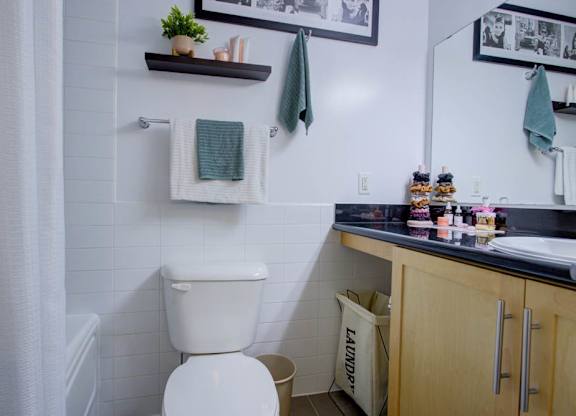 A bathroom with a toilet, a counter with a mirror, and a shelf with a plant on it.