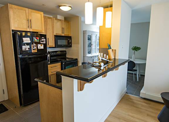 A kitchen with a black fridge and black stove.