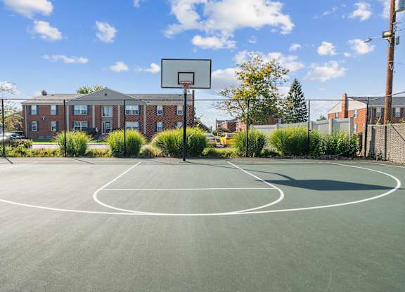 A basketball court is surrounded by grass and trees.