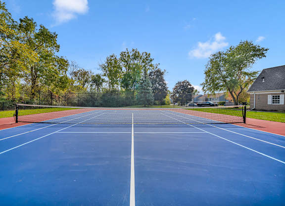 A blue tennis court surrounded by trees and a house.