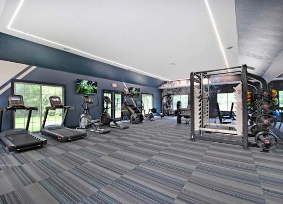 A gym with treadmills, weights, and exercise equipment.