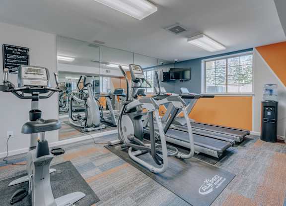 A gym with treadmills, exercise bikes, and other equipment.