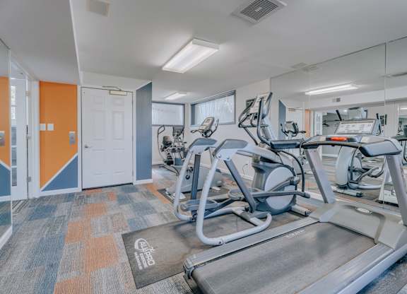 A gym with a treadmill, exercise bike, and other equipment.