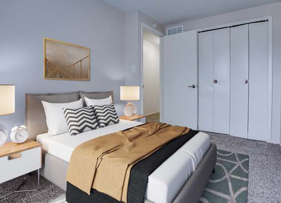 A bedroom with a bed, nightstand, and a painting on the wall.