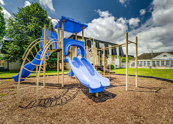 A playground with a blue slide and a wooden structure.