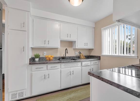 A kitchen with white cabinets and a marble countertop.