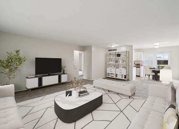 Modern living room with a white sofa, a black coffee table, and a flat-screen TV at Versailles, 25026 E Rue Versailles, 48237