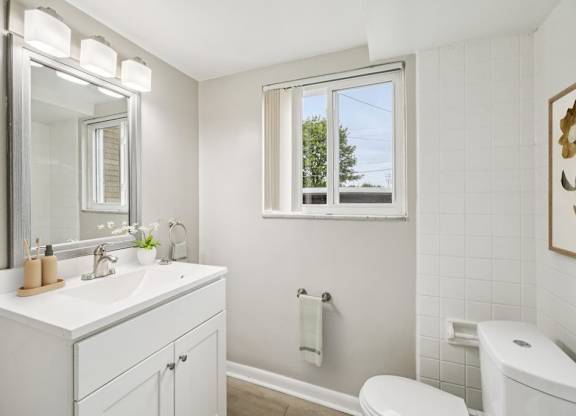 White bathroom with a toilet, sink, and mirror at Versailles, 25026 E Rue Versailles, Oak Park, MI 48237