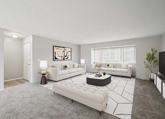 Modern living room with white furniture and a grey rug at Versailles, 25026 E Rue Versailles, MI 48237
