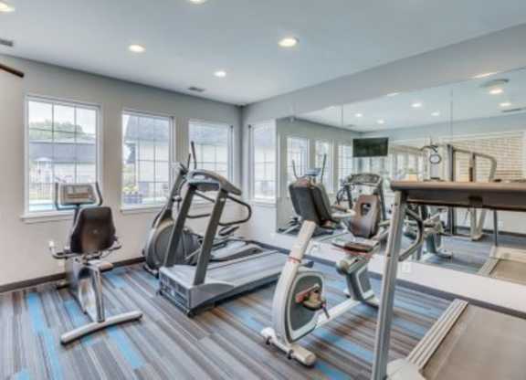 A gym with a treadmill, exercise bike, and other equipment.