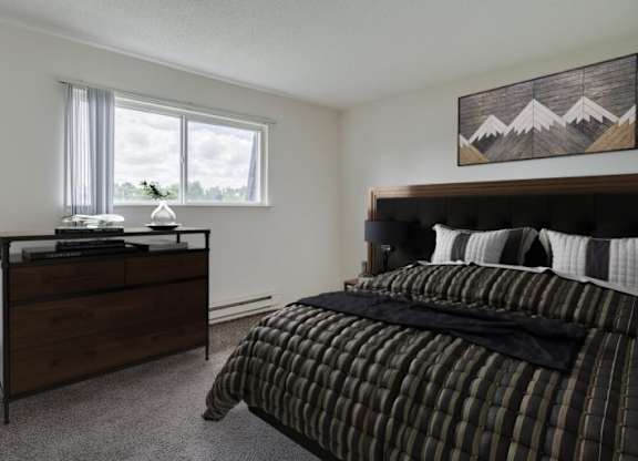 A bedroom with a bed, dresser, and a mountain painting on the wall.