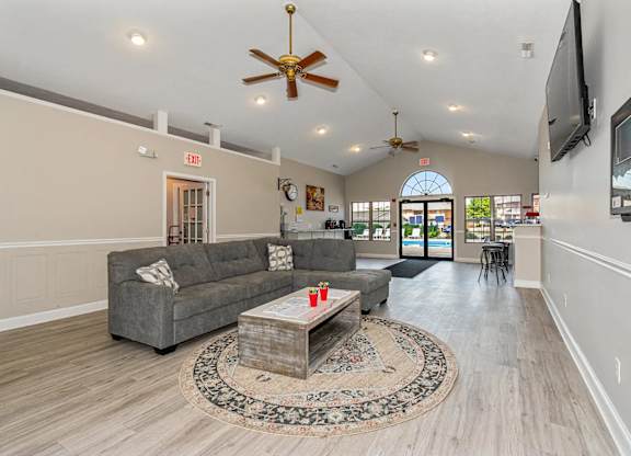 A living room with a grey couch and a rug in the middle.